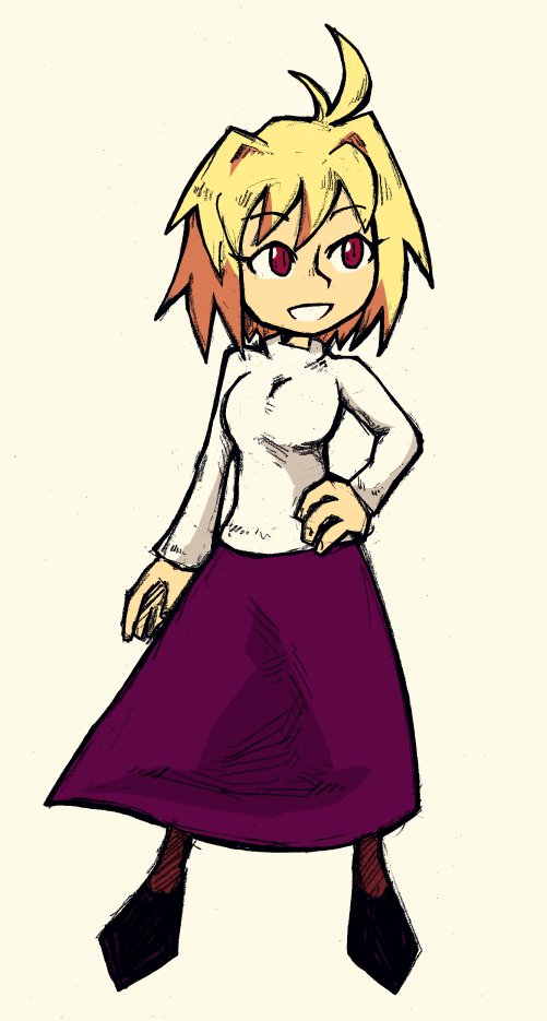 1girl ahoge arcueid_brunestud blonde_hair eyebrows_visible_through_hair hair_intakes hand_on_hip long_skirt pantyhose purple_skirt red_eyes setz short_hair skirt smile solo tsukihime white_background