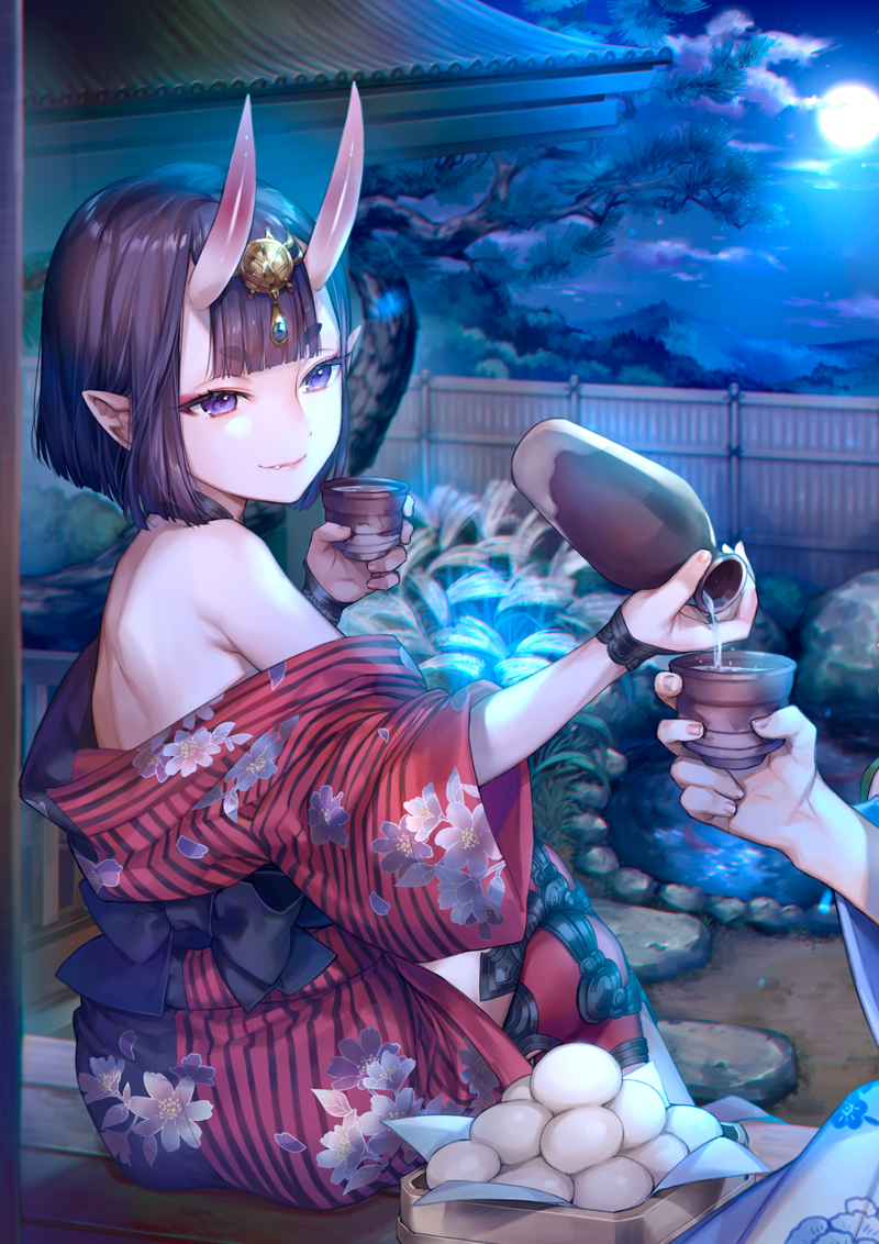1girl alcohol back bangs bare_shoulders blush bob_cut closed_mouth clouds cup eyebrows_visible_through_hair fang_out fate_(series) fence full_body headpiece horns japanese_clothes kaguyuzu kimono legs_crossed lips long_sleeves makeup mochi mountain night night_sky obi off_shoulder oni oni_horns open_clothes open_kimono pointy_ears pond pouring purple_hair sake sash short_eyebrows short_hair shoulder_blades shuten_douji_(fate/grand_order) sitting sky smile solo_focus striped striped_kimono thigh-highs tokkuri tree violet_eyes wooden_fence