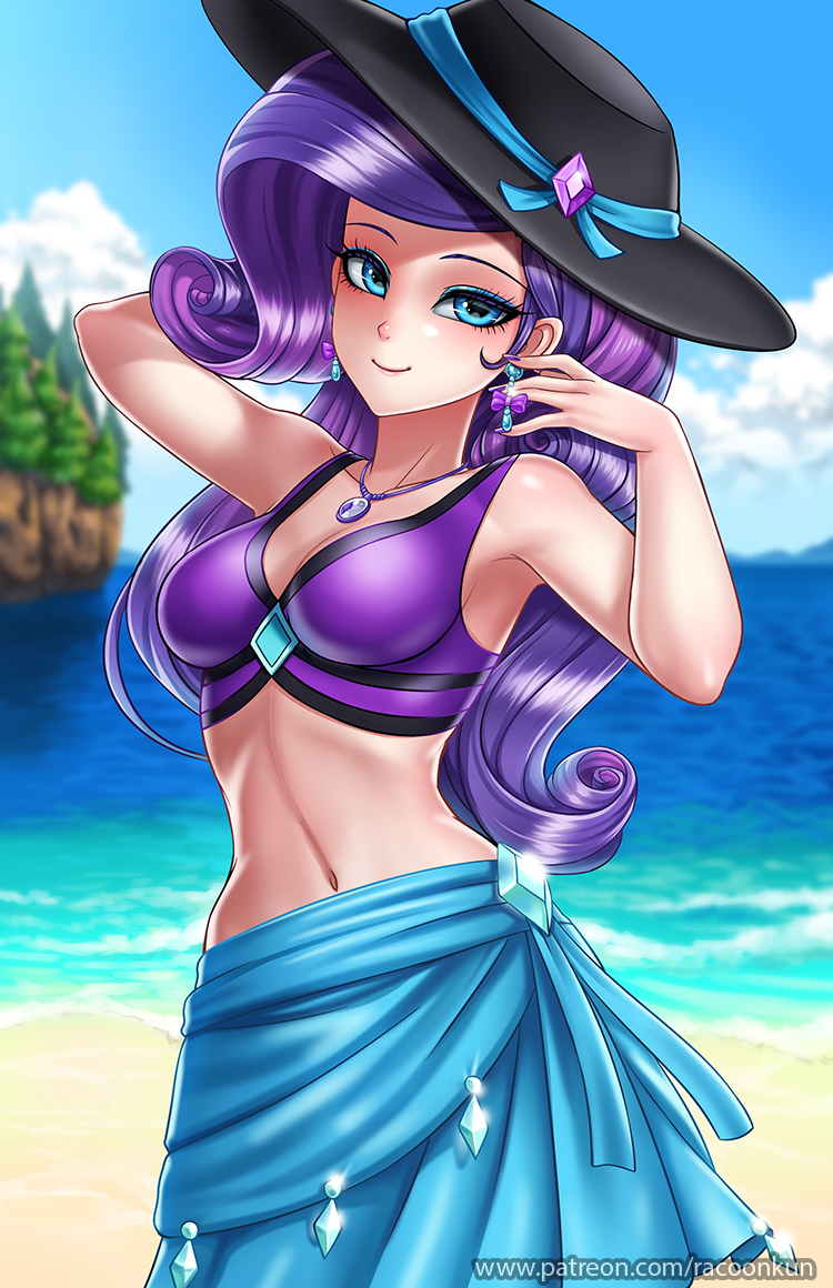 1girl beach blue_eyes blue_skirt breasts clouds curly_hair day earrings eyeshadow gem hat jewelry long_hair looking_at_viewer makeup medium_breasts my_little_pony my_little_pony_friendship_is_magic navel necklace ocean outdoors personification purple_bikini_top purple_hair racoon-kun rarity skirt sky smile solo sun_hat watermark web_address