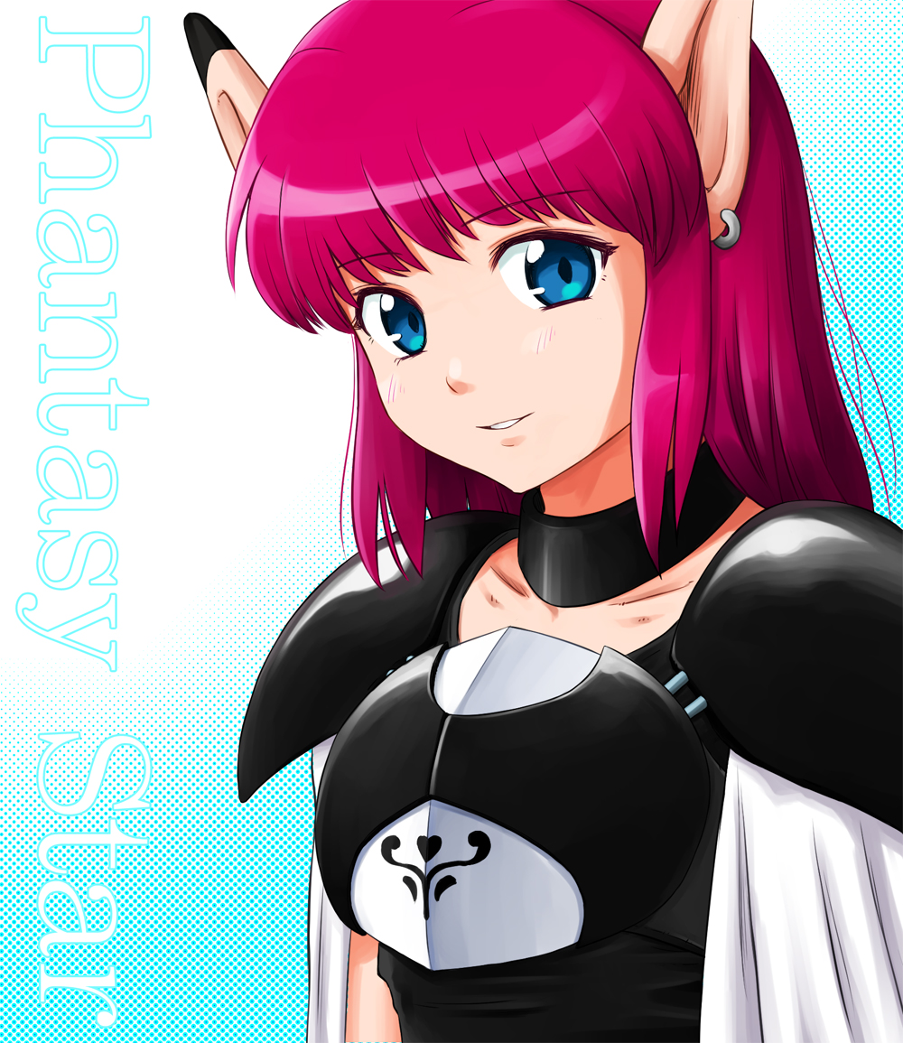 1girl blue_eyes blush choker collarbone commentary_request copyright_name earrings english_text eyebrows_visible_through_hair fal_(phantasy_star) head_tilt jewelry li_yang_(liyan6464) looking_at_viewer parted_lips phantasy_star phantasy_star_iv pink_hair pointy_ears smile solo upper_body