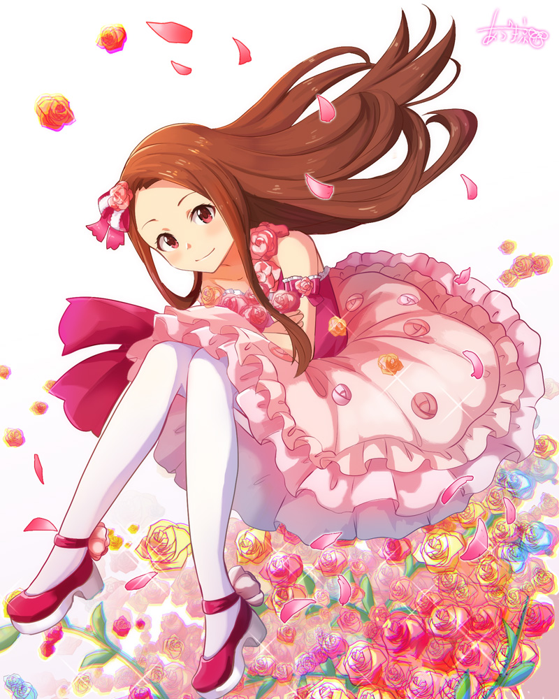 1girl arm_strap blush bow brown_hair cherry_blossoms collarbone dress floating_hair flower hair_bow hair_flower hair_ornament idolmaster idolmaster_(classic) layered_dress legs_crossed long_dress long_hair looking_at_viewer minase_iori muraiaria pantyhose pink_dress pink_flower pink_rose red_eyes red_flower red_rose rose sleeveless sleeveless_dress smile solo sparkle very_long_hair white_background white_legwear yellow_flower yellow_rose