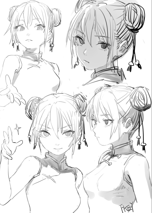 1girl alternate_costume alternate_hairstyle artist_name bangs bare_arms bare_shoulders breasts china_dress chinese_clothes commentary cropped_torso double_bun dress eyebrows_visible_through_hair fkey hair_between_eyes looking_at_viewer medium_breasts monochrome multiple_views remilia_scarlet short_hair signature simple_background sketch sleeveless sleeveless_dress smile sparkle touhou upper_body white_background