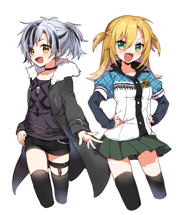 2girls :d bangs black_choker black_hair black_legwear black_shorts blonde_hair blush breasts brown_eyes brown_shirt character_request choker coat collarbone collared_shirt cropped_legs dress_shirt eyebrows_visible_through_hair fang fur-trimmed_coat fur_trim green_coat green_eyes green_skirt hair_between_eyes hands_on_hips jewelry long_hair long_sleeves multicolored_hair multiple_girls nijisanji open_clothes open_coat open_mouth plaid pleated_skirt puffy_short_sleeves puffy_sleeves ring shirt short_shorts short_sleeves shorts silver_hair simple_background skirt sleeves_past_wrists small_breasts smile streaked_hair thigh-highs two_side_up v-shaped_eyebrows virtual_youtuber white_background white_shirt yamabukiiro