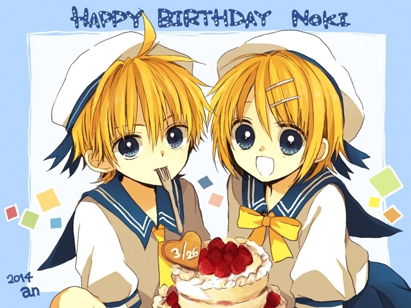 1boy 1girl 2014 :d ahoge anzu_(o6v6o) artist_name bangs birthday_cake blonde_hair blue_border blue_eyes blue_ribbon blue_sailor_collar border brother_and_sister cake commentary_request dated food fork fork_in_mouth fruit hair_ornament hairpin happy_birthday hat hat_ribbon heart kagamine_len kagamine_rin looking_at_viewer mouth_hold neck_ribbon necktie open_mouth ribbon sailor_collar school_uniform serafuku short_hair short_sleeves siblings smile strawberry twins vocaloid white_hat yellow_neckwear