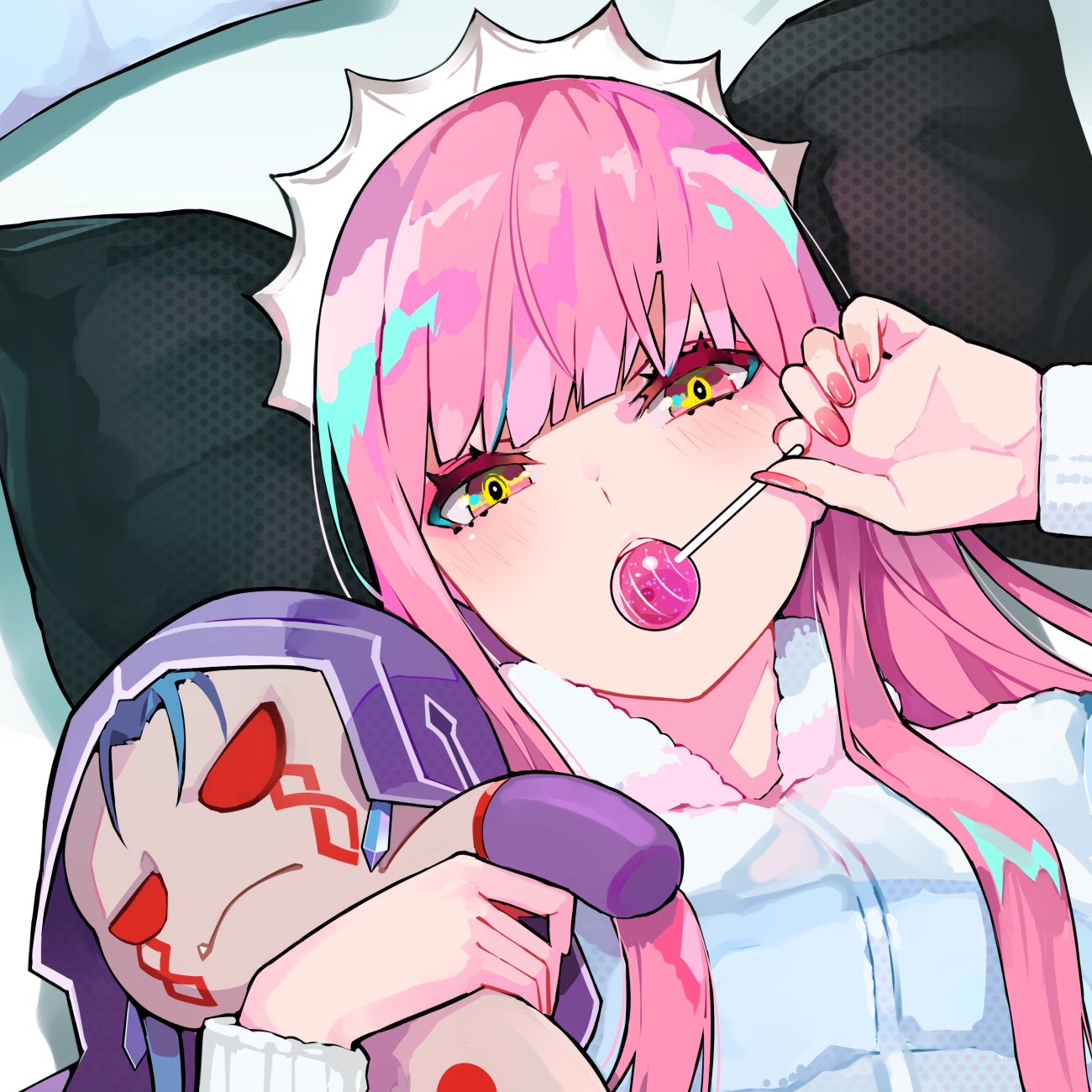 1girl bangs blunt_bangs blush candy character_doll commentary_request cu_chulainn_alter_(fate/grand_order) fate/grand_order fate_(series) food fur_trim highres holding holding_lollipop lancer lollipop long_hair long_sleeves looking_at_viewer lying medb_(fate)_(all) medb_(fate/grand_order) mouth_hold nail_polish object_hug on_back pillow pink_hair pink_nails ram_(ramlabo) sidelocks solo stuffed_toy tiara yellow_eyes