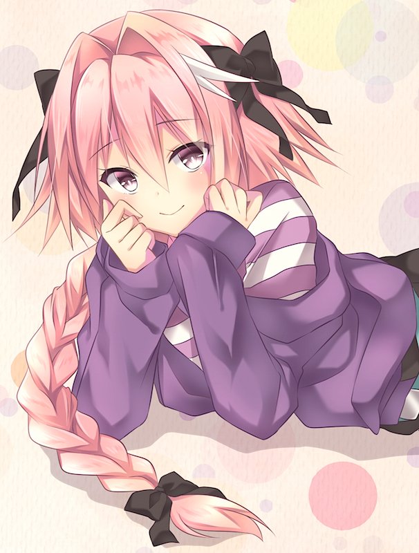 1boy astolfo_(fate) bangs black_ribbon black_skirt blush braid closed_mouth fate/apocrypha fate/grand_order fate_(series) hair_between_eyes hair_intakes hair_ribbon jacket long_braid long_hair long_sleeves looking_at_viewer lying multicolored_hair nu_(ukskuj) off_shoulder on_stomach open_clothes open_jacket otoko_no_ko pink_hair purple_jacket purple_shirt ribbon shirt single_braid skirt smile solo streaked_hair striped striped_shirt violet_eyes