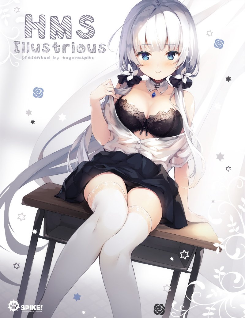 1girl azur_lane bangs black_bra black_panties blue_eyes blue_skirt blush bra breasts cleavage closed_mouth collarbone desk dutch_angle eyebrows_visible_through_hair hair_ornament hair_ribbon head_tilt illustrious_(azur_lane) jewelry knees_together_feet_apart large_breasts long_hair looking_at_viewer mole mole_under_eye necklace off_shoulder panties ribbon ribbon-trimmed_bra sapphire_(stone) senji_(tegone_spike) shirt sidelocks sitting skirt smile solo thigh-highs unbuttoned unbuttoned_shirt underwear white_hair white_shirt