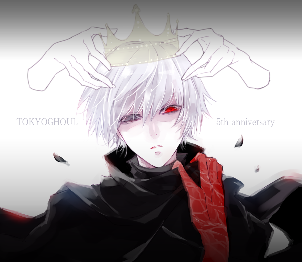 1boy bangs black_coat black_shirt coat commentary_request crown crown_hair_ornament eyebrows_behind_hair ghoul grey_eyes hair_between_eyes half-closed_eyes hands heterochromia kaneki_ken kenkoumineral13 lips looking_at_viewer male_focus mutant pale_skin red_eyes shirt short_hair simple_background solo tokyo_ghoul tokyo_ghoul:re white_background white_hair