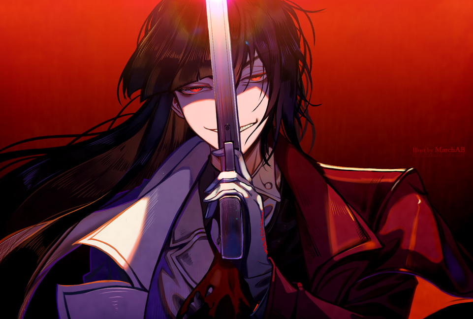 1girl alucard_(hellsing) black_hair coat girlycard gloves green_eyes gun handgun hellsing holding holding_gun holding_weapon long_hair looking_at_viewer marchab_66 red_eyes solo weapon white_gloves