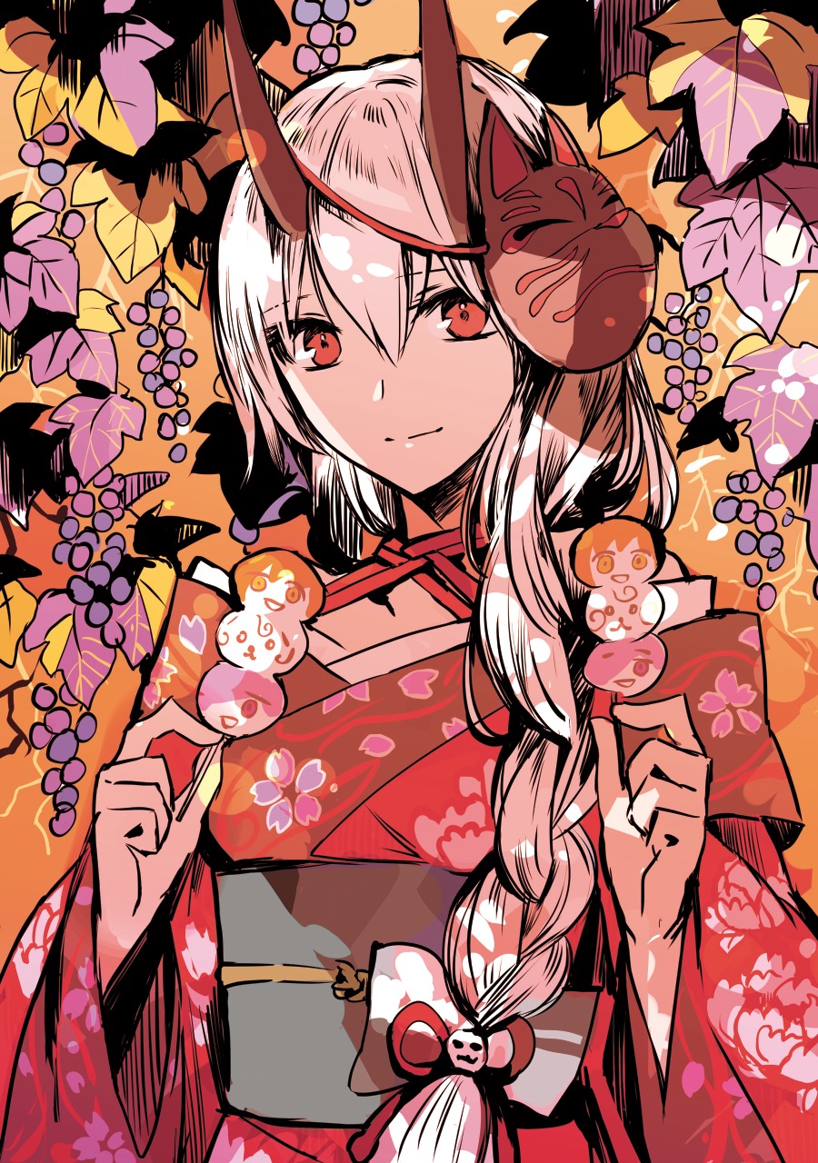 1girl braid closed_mouth dango fate/grand_order fate_(series) floral_print food fou_(fate/grand_order) fox_mask fujimaru_ritsuka_(female) hair_between_eyes hair_over_shoulder hands_up highres holding holding_food horns japanese_clothes kimono leaf looking_at_viewer maple_leaf mash_kyrielight mask mask_on_head obi red_eyes red_kimono rioka_(southern_blue_sky) sanshoku_dango sash silver_hair smile solo tomoe_gozen_(fate/grand_order) upper_body wagashi