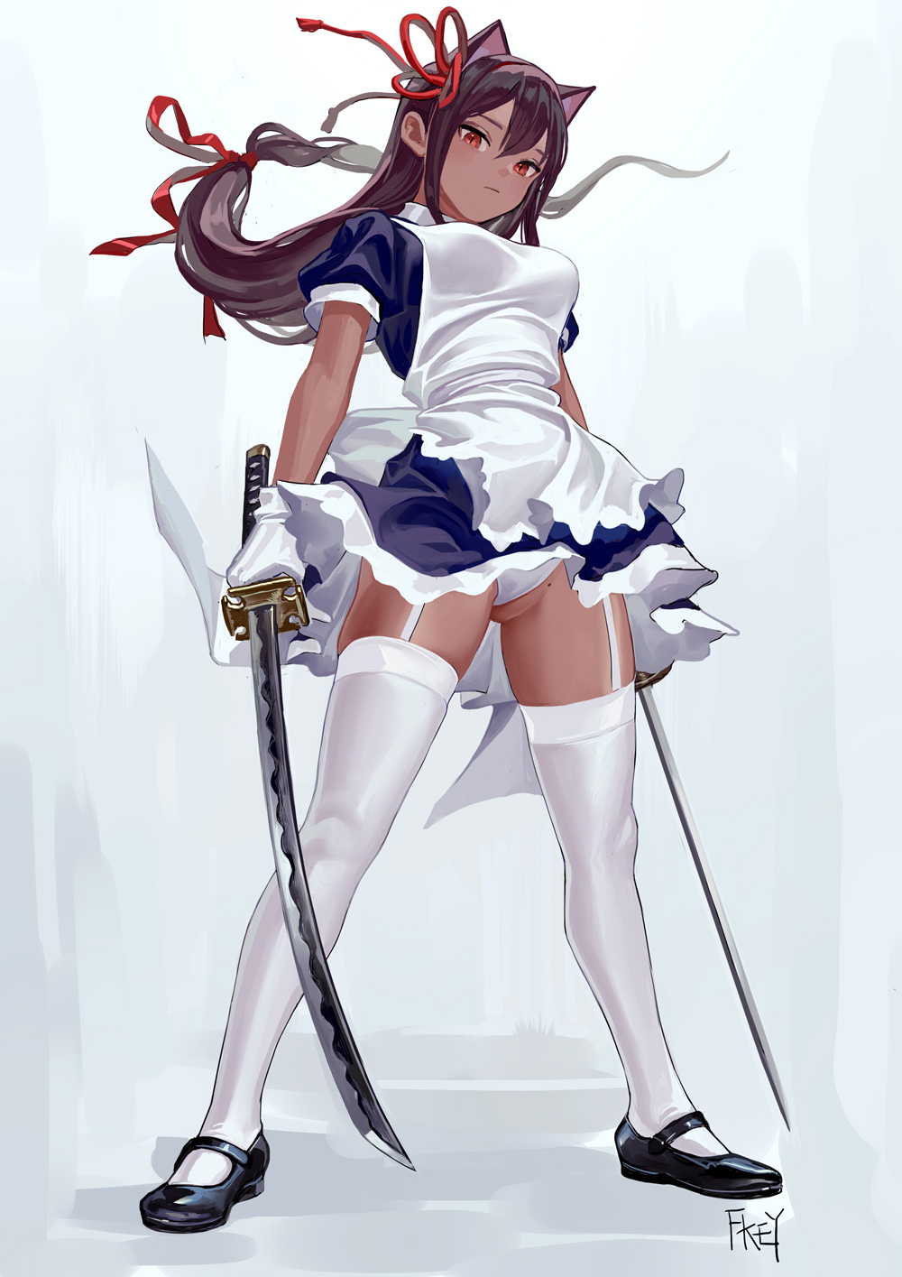 1girl animal_ears apron artist_name black_footwear blue_dress breasts commentary dark_skin dress dual_wielding fkey frills full_body gloves gluteal_fold hair_between_eyes hair_ribbon highres holding holding_sword holding_weapon kafei_(fkey) katana long_hair looking_at_viewer low-tied_long_hair maid maid_apron mary_janes medium_breasts original panties pantyshot pantyshot_(standing) petticoat red_eyes red_ribbon ribbon shoes short_dress signature skirt slit_pupils solo standing sword tan thigh-highs thighs underwear weapon white_gloves white_legwear white_panties