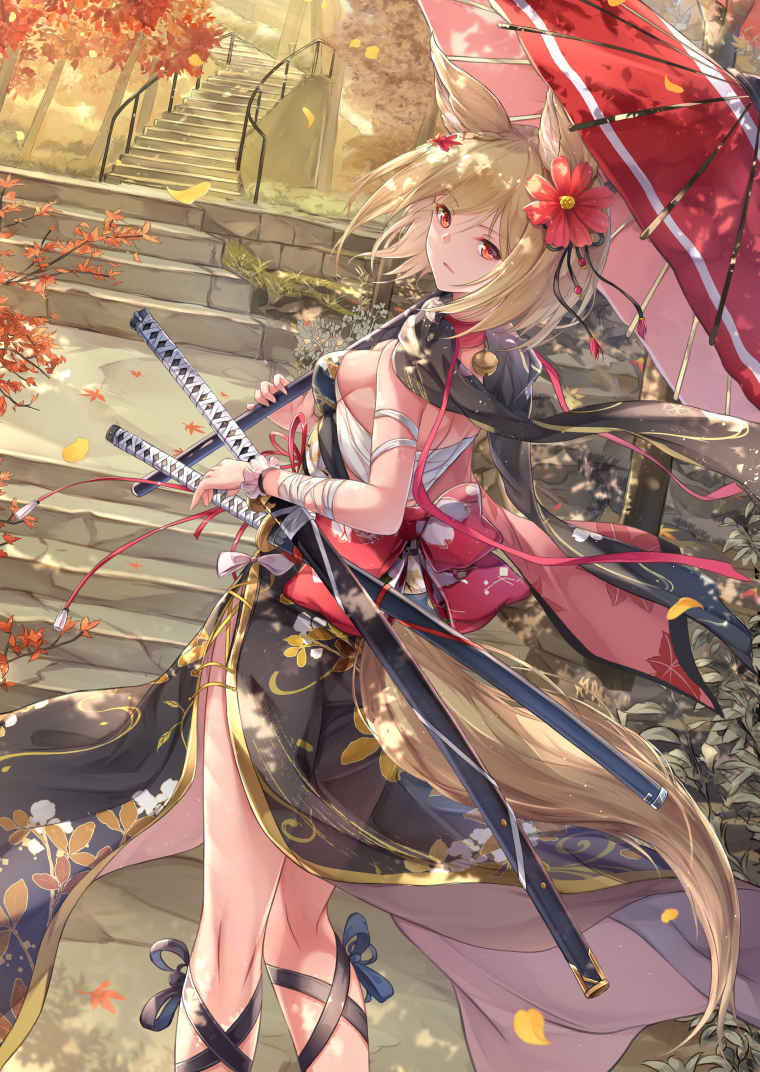 1girl animal_ears autumn_leaves backless_outfit bandage bandaged_arm bandages bangs bare_shoulders breasts detached_collar eyebrows_visible_through_hair floral_print flower fox_ears fox_girl from_behind fuuro_(johnsonwade) hair_between_eyes hair_flower hair_ornament japanese_clothes katana kimono leaf looking_at_viewer looking_back maple_leaf oriental_umbrella original parted_lips petals red_eyes sarashi sash short_hair small_breasts solo sword umbrella weapon