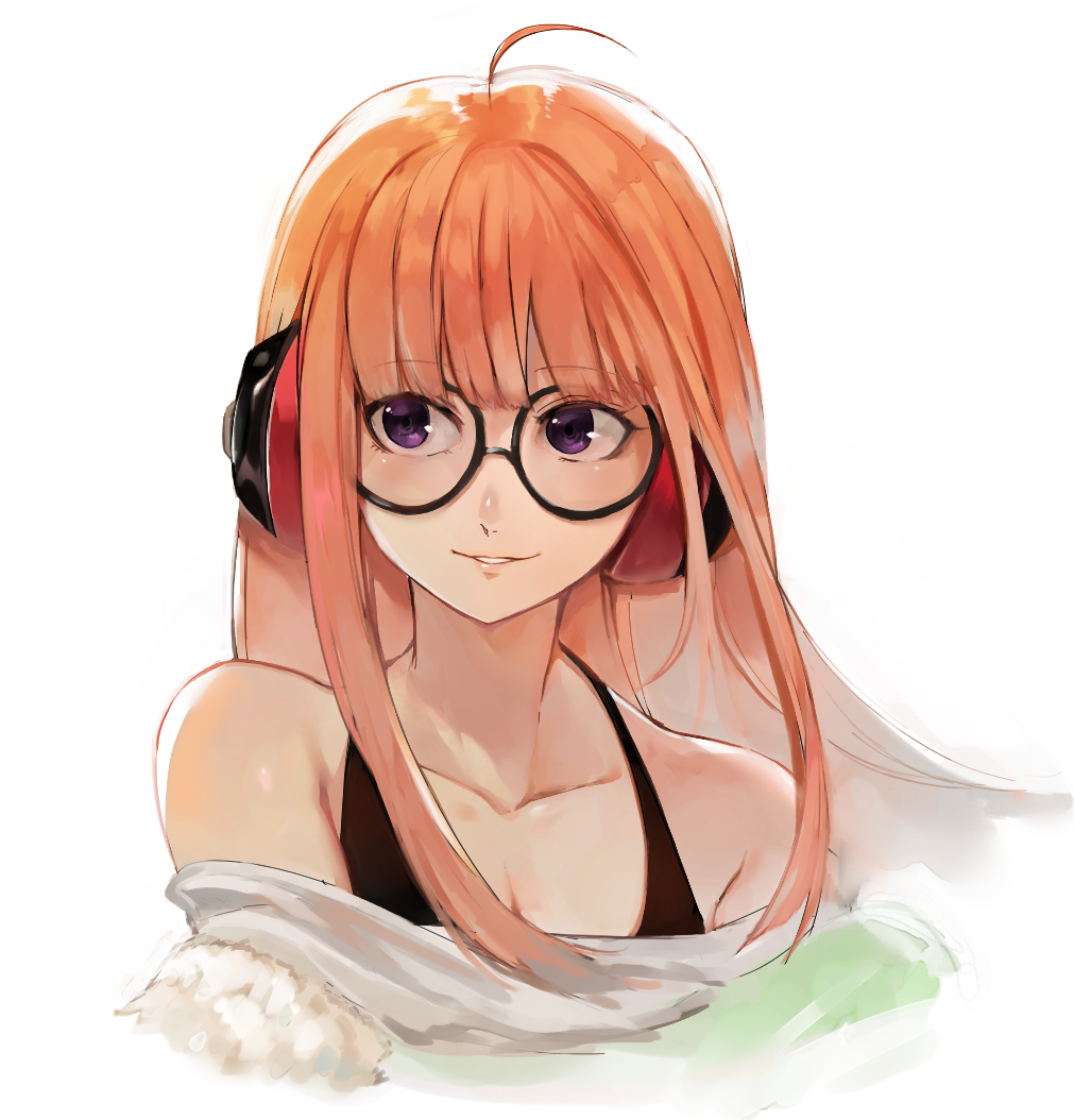 1girl ahoge black-framed_eyewear breasts brown_hair cleavage collarbone cropped_torso eyebrows_visible_through_hair floating_hair glasses headphones long_hair looking_to_the_side lor_(roasyerizyonirapi) off-shoulder_shirt off_shoulder parted_lips persona persona_5 sakura_futaba shirt simple_background small_breasts smile solo upper_body violet_eyes white_background white_shirt