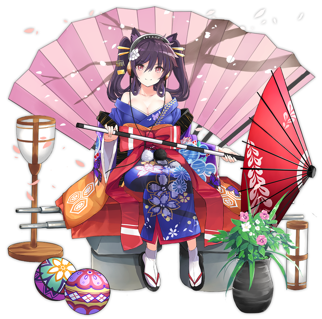 1girl animal_ears ashigara_(azur_lane) azur_lane bare_shoulders black_hair blush bow breasts cat_ears cleavage closed_mouth collarbone eyebrows_visible_through_hair flower full_body hair_flower hair_ornament holding holding_umbrella japanese_clothes kimono large_breasts looking_at_viewer medium_hair official_art oriental_umbrella red_bow red_eyes sandals sitting smile socks solo tetsujin_momoko transparent_background twintails umbrella white_legwear