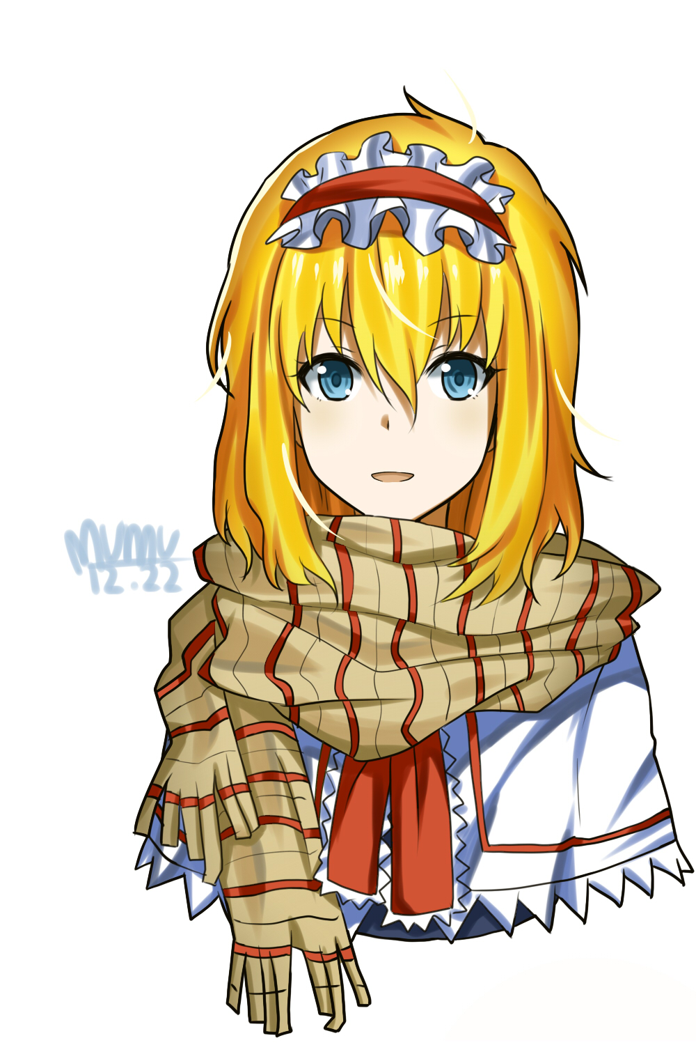 1girl :d alice_margatroid blonde_hair blue_eyes brown_scarf capelet cropped_torso eyebrows_visible_through_hair hair_between_eyes hairband highres lolita_hairband looking_at_viewer makise_medaka neck_ribbon open_mouth red_ribbon ribbon scarf shiny shiny_hair short_hair simple_background smile striped striped_scarf touhou white_background white_capelet