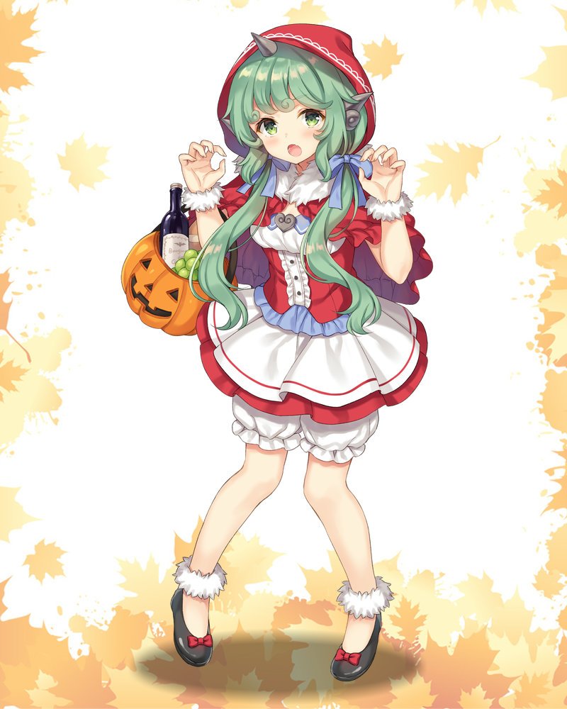 1girl alternate_costume alternate_hairstyle basket bloomers blue_ribbon bottle bow claw_pose cosplay food fruit full_body grapes green_eyes green_hair hair_ribbon halloween halloween_basket halloween_costume hood horn jack-o'-lantern komano_aun leaf leaf_background little_red_riding_hood_(grimm) little_red_riding_hood_(grimm)_(cosplay) looking_at_viewer nagisa3710 open_mouth pointy_ears red_hood ribbon shoe_bow shoes solo touhou underwear