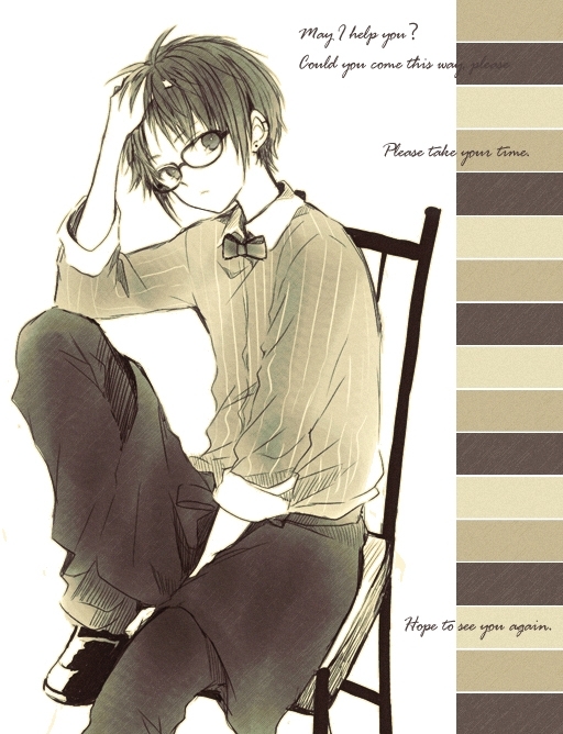 1boy anzu_(o6v6o) apron between_legs bow bowtie collared_shirt elbow_on_knee english_text genderswap genderswap_(ftm) glasses gumiya hand_between_legs hand_in_hair knee_up looking_at_viewer male_focus monochrome pants sepia shirt shoes sitting sleeves_folded_up solo striped striped_shirt vertical-striped_shirt vertical_stripes vocaloid waist_apron waiter