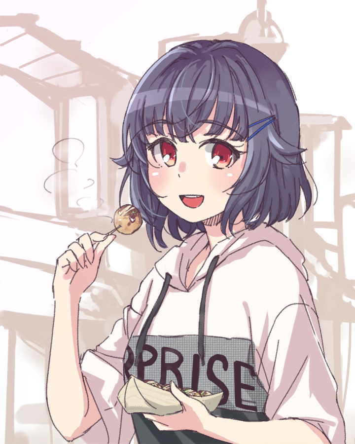 1girl :d bang_dream! bangs black_hair blush clothes_writing drawstring food hair_flaps hair_ornament hairpin holding holding_food hood hood_down hoodie looking_at_viewer open_mouth red_eyes short_hair short_sleeves smile solo steam takoyaki tamaguu_(lanev0) upper_body ushigome_rimi white_hoodie