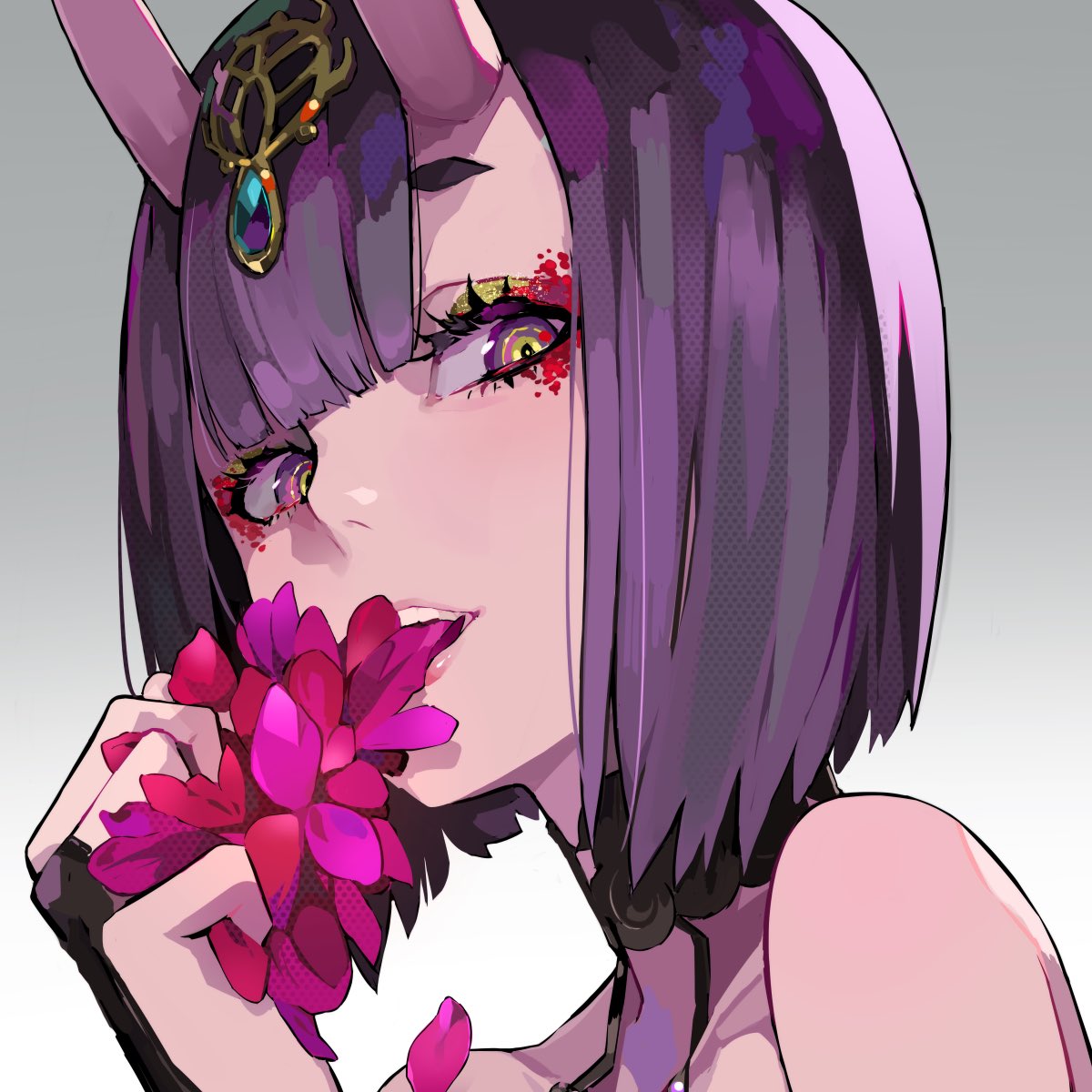 1girl bangs bare_shoulders blunt_bangs bob_cut collarbone eyelashes fate/grand_order fate_(series) flower gradient_eyes hair_ornament headpiece highres holding holding_flower horns jewelry lips looking_at_viewer multicolored multicolored_eyes nose oni oni_horns open_mouth petals pink_lips purple_hair ram_(ramlabo) red_flower short_hair shuten_douji_(fate/grand_order) simple_background sleeveless solo