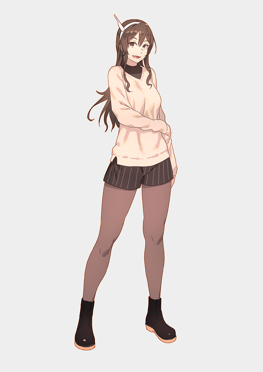 1girl alternate_costume ashigara_(kantai_collection) beige_sweater black_footwear black_legwear black_shorts boots brown_eyes brown_hair contrapposto full_body grey_background hairband highres horned_headwear kantai_collection long_hair looking_at_viewer open_mouth pantyhose shorts simple_background solo standing striped striped_shorts wavy_hair yuuji_(and)