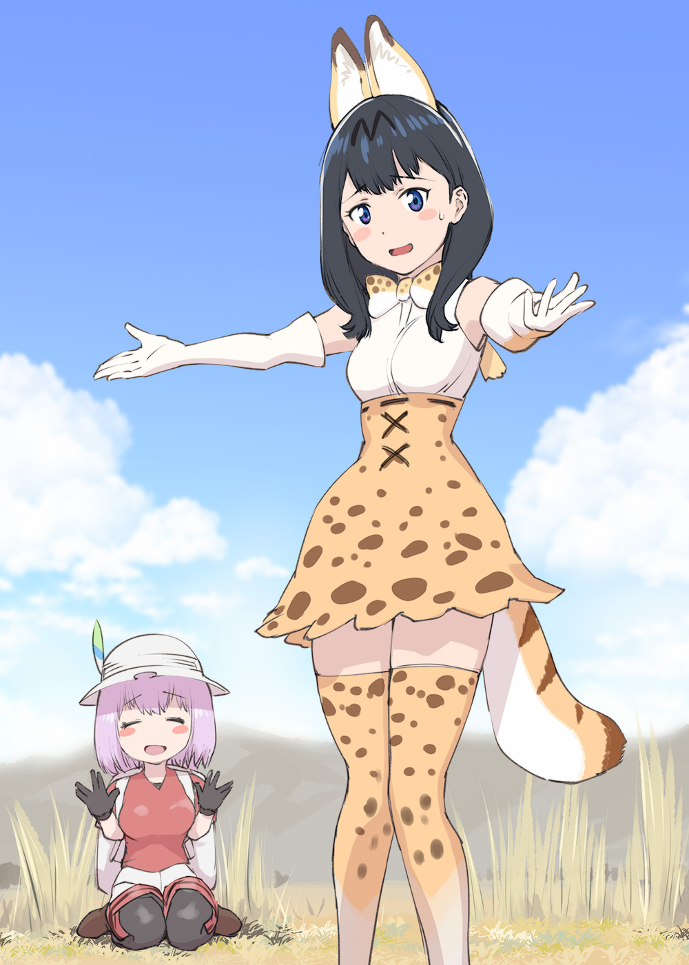 2girls animal_ears black_hair blush_stickers bow closed_eyes commentary cosplay elbow_gloves gloves hat hat_feather high-waist_skirt highres kaban_(kemono_friends) kaban_(kemono_friends)_(cosplay) kemono_friends long_hair multiple_girls outdoors pantyhose pink_hair savannah serval_(kemono_friends) serval_(kemono_friends)_(cosplay) shinjou_akane short_hair shorts sitting skirt sky sleeveless ssss.gridman tail takarada_rikka thigh-highs ueyama_michirou wariza