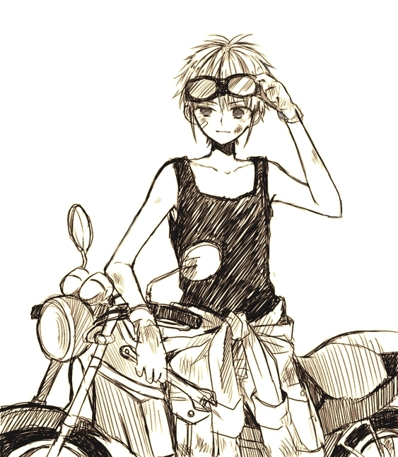 1boy adjusting_goggles anzu_(o6v6o) bandaid_on_cheek collarbone dirty_clothes dirty_face genderswap genderswap_(ftm) gloves goggles goggles_on_head ground_vehicle gumiya holding_wrench jumpsuit jumpsuit_around_waist light_smile male_focus monochrome motor_vehicle motorcycle sepia simple_background solo tank_top vocaloid white_background