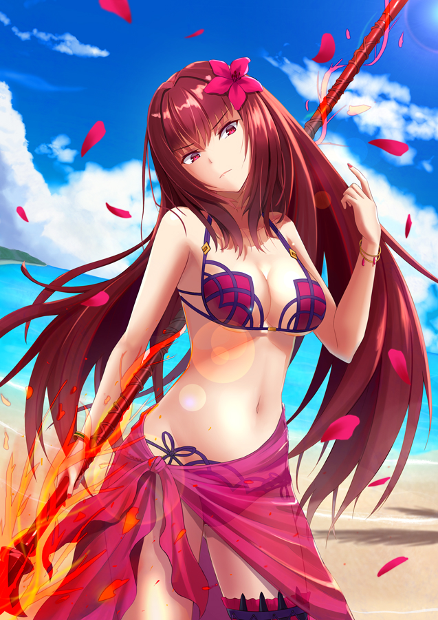 1girl beach bikini blue_sky breasts brown_hair cleavage clouds day eyebrows_visible_through_hair fate/grand_order fate_(series) floating_hair flower frown gae_bolg hair_flower hair_ornament head_tilt holding holding_spear holding_weapon large_breasts lens_flare long_hair nail_polish navel ocean outdoors petals polearm randoru red_bikini red_eyes red_flower sarong scathach_(fate)_(all) scathach_(fate/grand_order) scathach_(swimsuit_assassin)_(fate) see-through shiny shiny_hair sky solo spear swimsuit thigh_strap very_long_hair weapon