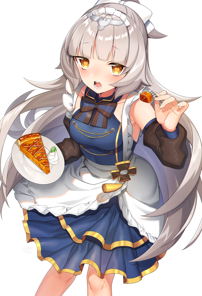 1girl alternate_hairstyle apron azur_lane bangs bare_shoulders blue_dress blunt_bangs blush bow breasts brown_eyes brown_sleeves commentary_request detached_sleeves dress eyebrows_visible_through_hair fingernails food fork frilled_apron frills grey_hair hair_bow headpiece highres holding holding_fork holding_plate iron_cross kinsenka_momi long_hair long_sleeves looking_at_viewer medium_breasts open_mouth plate pleated_dress ponytail puffy_long_sleeves puffy_sleeves simple_background sleeveless sleeveless_dress solo striped striped_bow very_long_hair white_apron white_background white_bow z46_(azur_lane)