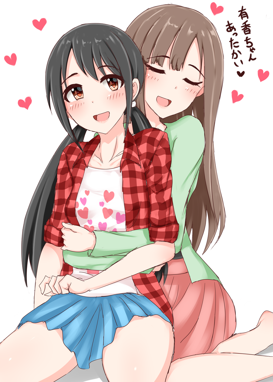 2girls bangs bare_legs barefoot black_hair blue_skirt blush breasts brown_hair closed_eyes eyebrows_visible_through_hair facing_viewer green_shirt head_tilt heart heart_print highres hug hug_from_behind idolmaster idolmaster_cinderella_girls long_hair long_sleeves looking_at_viewer low_twintails miniskirt mizumoto_yukari multiple_girls nakano_yuka open_clothes open_shirt pink_skirt plaid plaid_shirt red_eyes shirt shirt_under_shirt shirushiru_(saitou888) simple_background sitting skirt small_breasts swept_bangs translated twintails wariza white_background yuri