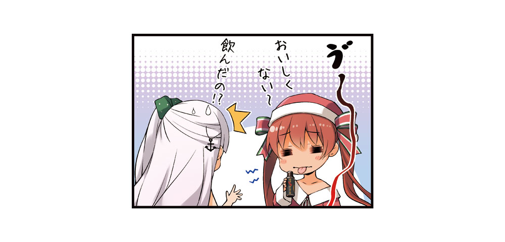 2girls anchor_hair_ornament bottle brown_hair dress hair_ornament hair_ribbon hat holding holding_bottle kantai_collection libeccio_(kantai_collection) long_hair long_sleeves maestrale_(kantai_collection) multiple_girls one_side_up red_hat ribbon santa_hat silver_hair sweatdrop tan tongue tongue_out translated twintails yume_no_owari