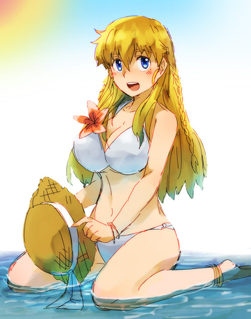 1girl anklet bare_legs bare_shoulders barefoot bikini blonde_hair blue_eyes blush bracelet breasts cleavage collarbone commentary_request eyebrows_visible_through_hair flower fuurinji_miu hannpen5500 hat holding holding_hat jewelry long_hair medium_breasts navel open_mouth outdoors red_flower shijou_saikyou_no_deshi_ken'ichi sidelocks simple_background sitting solo straw_hat swimsuit thighs upper_teeth wading wariza water white_bikini