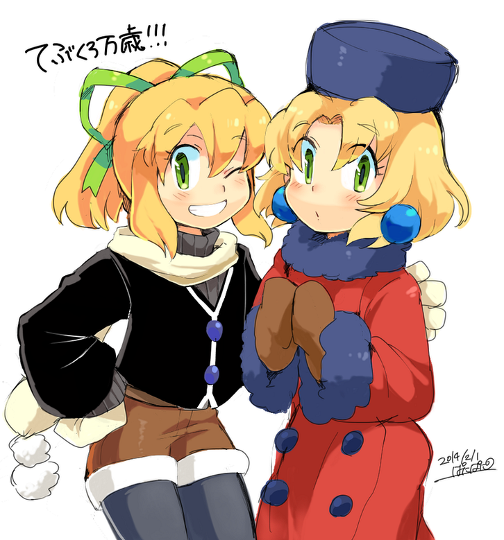 blonde_hair blue_earrings blush brown_mittens capcom coat dated earrings eyebrows_visible_through_hair female fur_hat gloves green_ribbon hair_ribbon hand_on_hip hat high_ponytail iroyopon jewelry kalinka_cossack long_hair mittens one_eye_closed pantyhose ponytail red_coat ribbon rockman rockman_(classic) roll shorts signature simple_background teeth ushanka white_background white_gloves winter_clothes