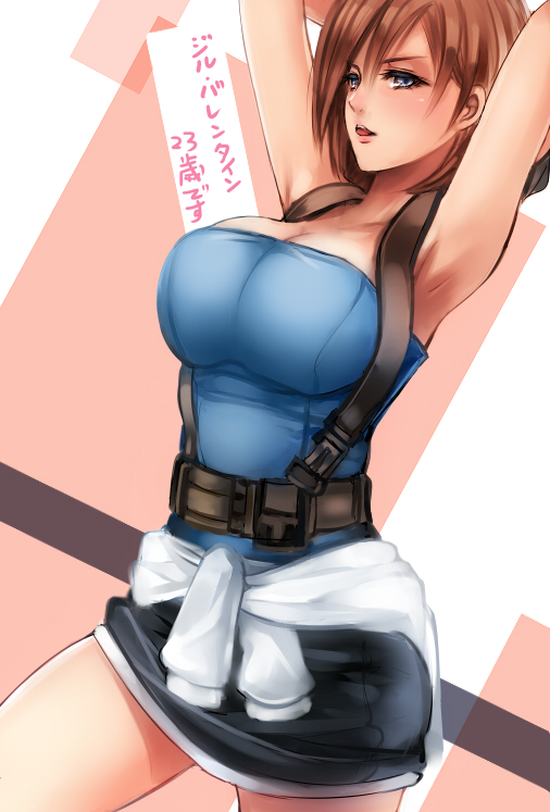 1girl armpits arms_up bangs bare_legs blue_shirt boots breasts brown_hair casual cleavage clothes_around_waist collarbone commentary_request cropped_legs grey_eyes holster jill_valentine large_breasts nagare pencil_skirt resident_evil resident_evil_3 shirt short_hair simple_background skirt solo strapless sweater_around_waist swept_bangs