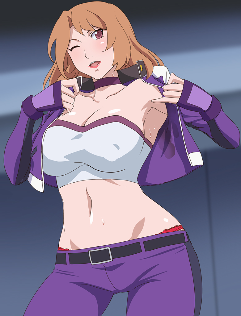 1girl armpits blue_choker blush breasts brown_hair bustier choker cleavage collarbone contrapposto cowboy_shot cropped_legs fingerless_gloves gloves jacket large_breasts lipstick looking_at_viewer makeup makino_tomoyasu medium_hair midriff munekata_arisa navel one_eye_closed open_clothes open_jacket open_mouth panties pants purple_gloves purple_pants red_lipstick red_panties redstanding_on_one_leg solo stain strapless sweat tomica_hyper_rescue_drive_head:_kidou_kyuukyuu_keisatsu tubetop underwear violet_eyes