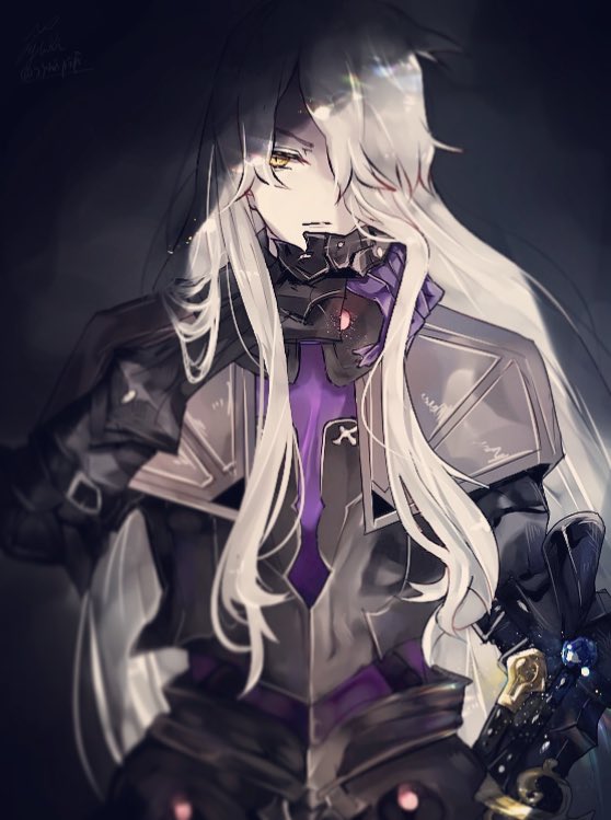 1boy armor fate/requiem fate_(series) galahad_(fate) galahad_alter hair_over_one_eye long_hair male_focus mira_(34mipipi) parted_lips solo upper_body white_hair yellow_eyes