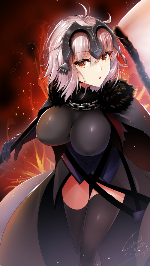 1girl ahoge armor armored_dress bangs black_dress breasts cape chains commentary_request dress eyebrows_visible_through_hair fate/grand_order fate_(series) fiery_background fire flag fur-trimmed_cape fur_collar fur_trim gauntlets headpiece jeanne_d'arc_(alter)_(fate) jeanne_d'arc_(fate)_(all) large_breasts sasakuma_kyouta short_hair signature silver_hair solo thigh-highs tsurime yellow_eyes