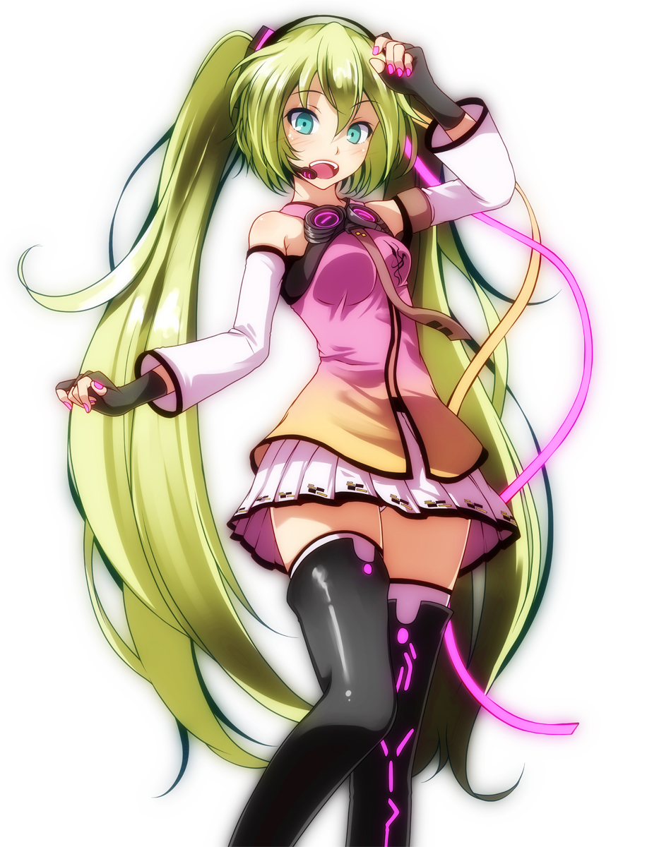 1girl :d black_footwear black_gloves black_hairband blue_eyes boots brown_neckwear detached_sleeves eyebrows_visible_through_hair fingerless_gloves gloves green_hair hair_between_eyes hairband hatsune_miku headset highres long_hair long_sleeves microphone miniskirt nail_polish open_mouth panties panty_peek pink_nails pleated_skirt simple_background skirt smile solo standing thigh-highs thigh_boots tsukishiro_saika twintails underwear very_long_hair vocaloid white_background white_legwear white_skirt white_sleeves