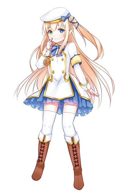 1girl alec-gdlk armband beret blonde_hair blue_bow blue_eyes blue_ribbon boots bow brown_footwear closed_mouth commentary_request copyright_request cross-laced_footwear dress full_body green_eyes hair_bow hair_ribbon hat heterochromia knee_boots lace-up_boots long_hair long_sleeves official_art one_side_up ribbon smile solo standing transparent_background very_long_hair white_dress white_hat