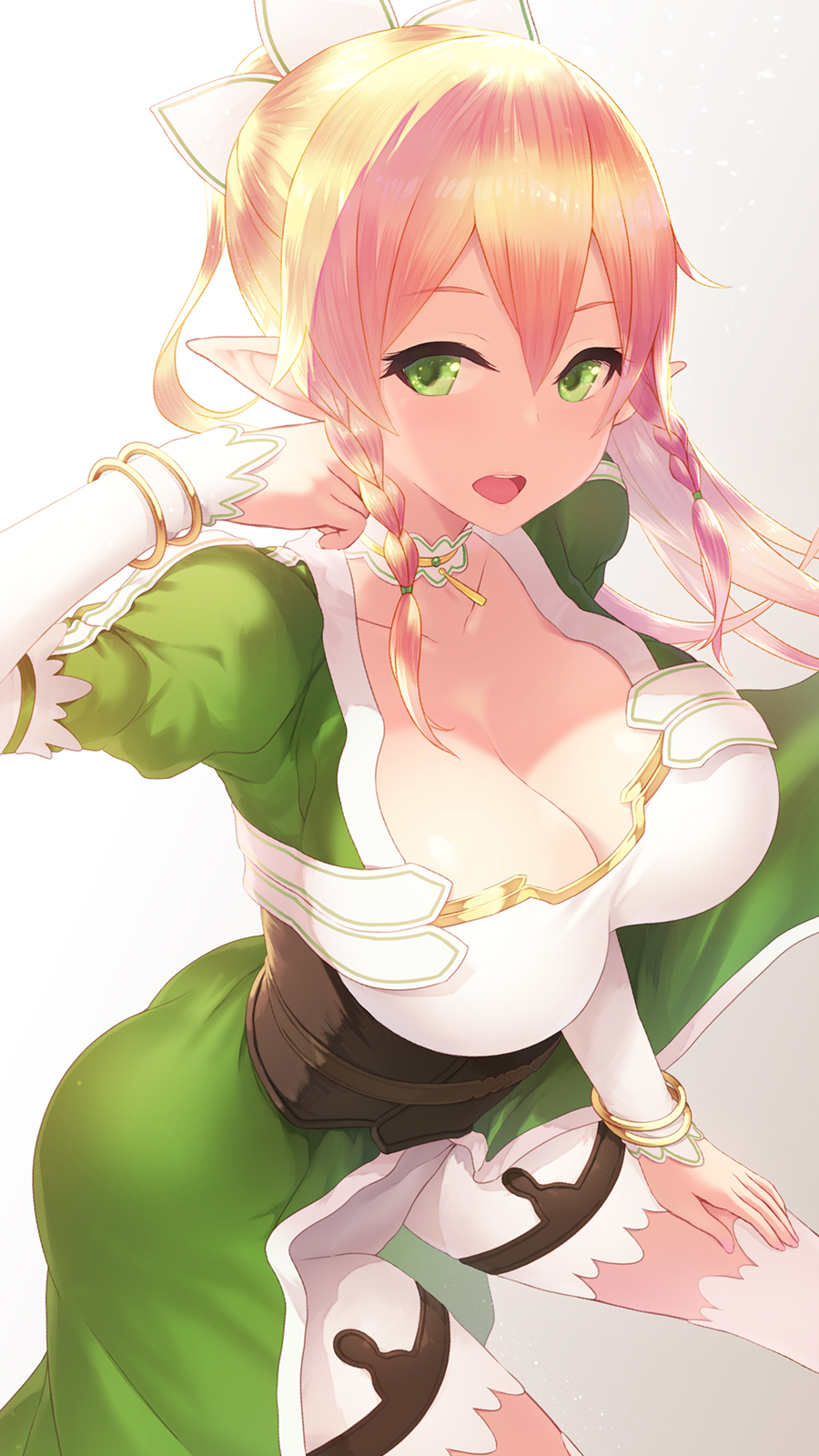 1girl arm_up bangs blonde_hair blush bracelet braid breasts cait choker cleavage collarbone green_eyes hair_between_eyes hair_ornament highres jewelry large_breasts leafa long_hair looking_at_viewer open_mouth pointy_ears ponytail solo sword_art_online thigh-highs twin_braids upper_teeth very_long_hair white_legwear