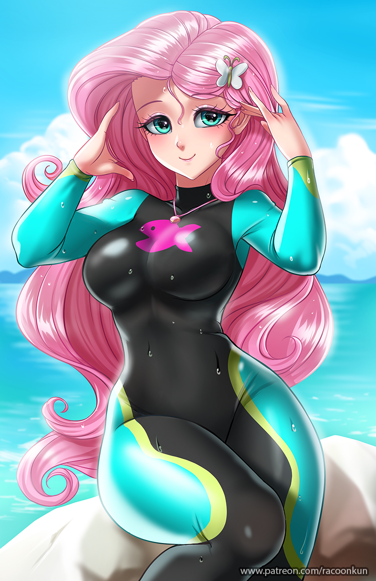 1girl beach blue_eyes blush breasts butterfly_hair_ornament clouds curly_hair day diving_suit eyebrows_visible_through_hair fluttershy hair_ornament jewelry long_hair looking_at_viewer medium_breasts my_little_pony my_little_pony_friendship_is_magic necklace ocean outdoors pink_hair racoon-kun rock sitting sky slender_waist smile solo thighs very_long_hair watermark web_address wet wet_clothes