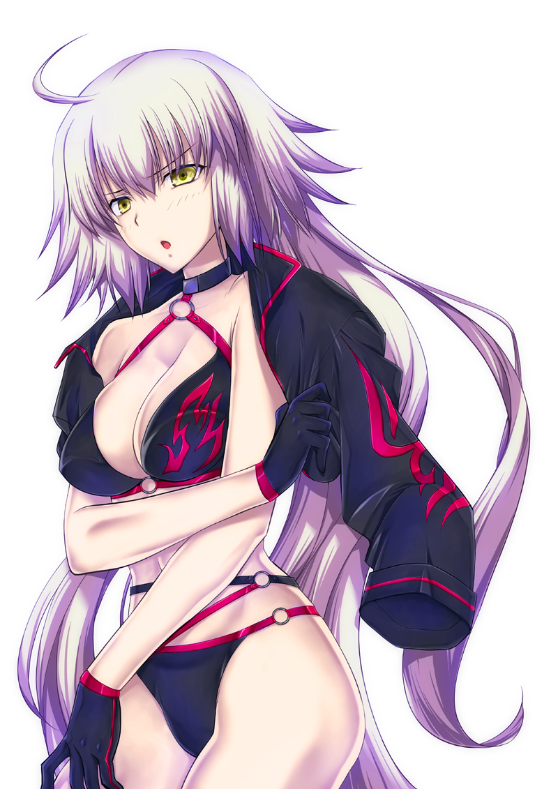 1girl ahoge bikini black_bikini black_choker black_jacket breasts choker cleavage commentary_request cowboy_shot cropped_jacket eyebrows_visible_through_hair fate/grand_order fate_(series) gloves hair_between_eyes jacket jeanne_d'arc_(alter_swimsuit_berserker) jeanne_d'arc_(fate)_(all) large_breasts long_hair o-ring o-ring_bikini o-ring_bottom o-ring_top open_mouth shrug_(clothing) silver_hair solo swimsuit tsurime white_background yasuma_akazaki yellow_eyes