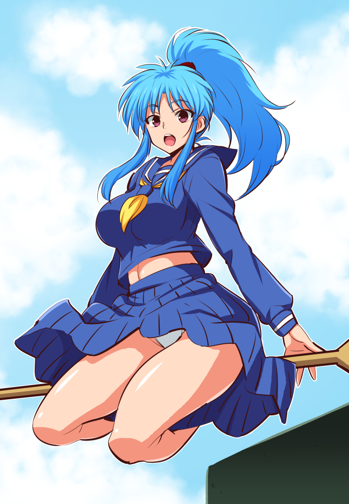 1girl blue_hair blue_serafuku blue_shirt blue_skirt botan_(yuu_yuu_hakusho) breasts clouds eyebrows_visible_through_hair flying gabayo high_ponytail long_hair long_sleeves looking_at_viewer medium_breasts neckerchief oar open_mouth panties pantyshot pantyshot_(sitting) pleated_skirt ponytail sailor_collar school_uniform serafuku shirt shirt_lift sitting skirt skirt_lift sky solo thighs underwear violet_eyes white_panties wind wind_lift yuu_yuu_hakusho