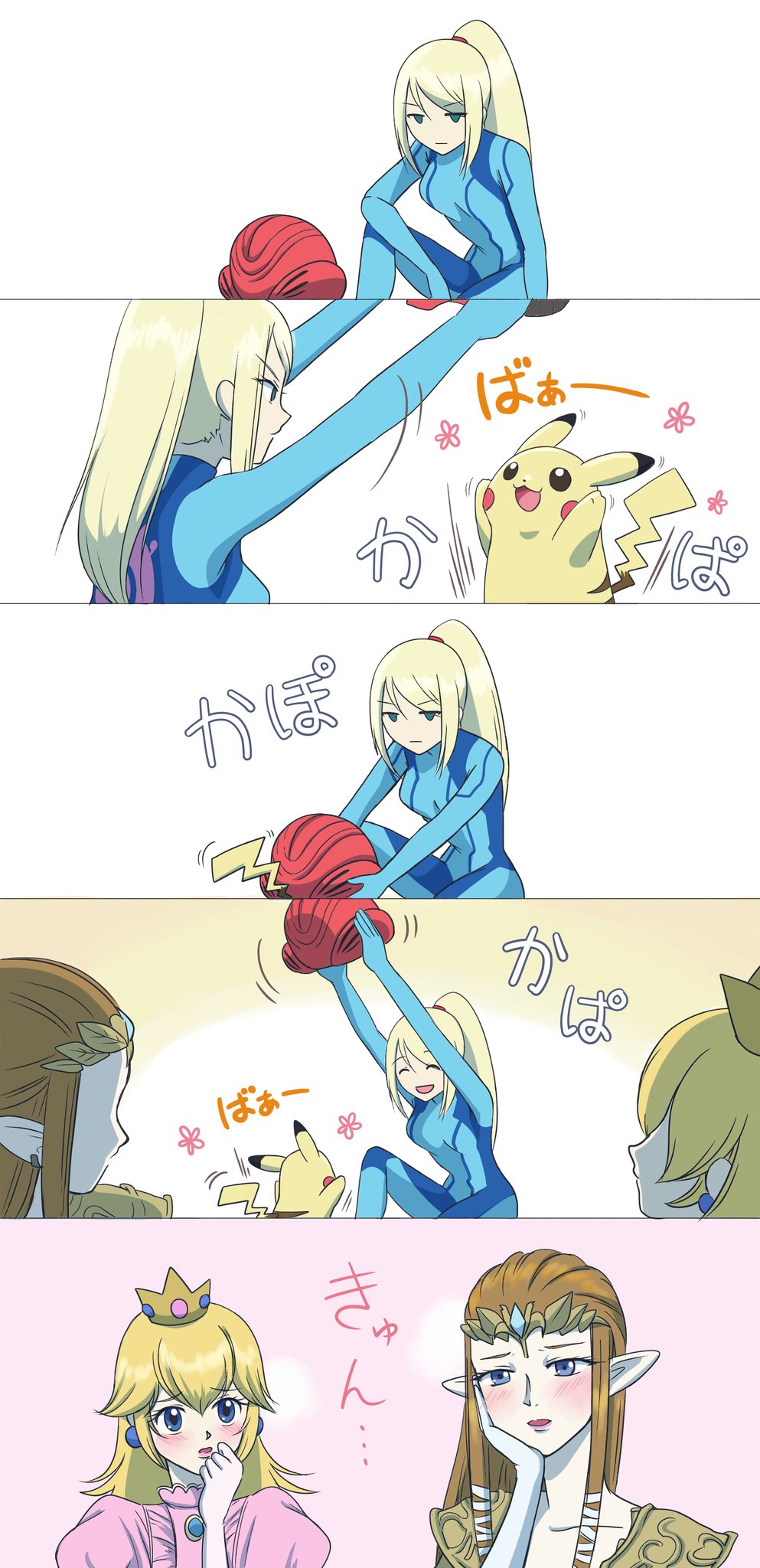 3girls 5koma arms_up blonde_hair blue_bodysuit blue_eyes blush bodysuit brown_hair comic commentary_request creatures_(company) crown dress earrings eyebrows_visible_through_hair game_freak gen_1_pokemon hair_between_eyes hand_on_own_cheek hand_to_own_mouth high_ponytail highres jewelry long_hair looking_at_another super_mario_bros. metroid multiple_girls nintendo open_mouth pika_gororo pikachu pink_dress pointy_ears pokemon ponytail princess_peach princess_zelda samus_aran skin_tight squatting super_mario_bros. super_smash_bros. tiara translation_request zero_suit