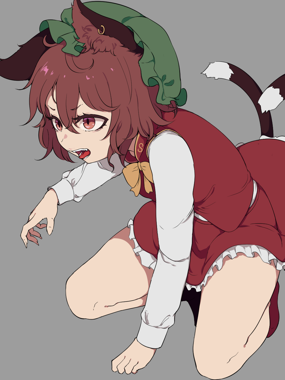 1girl animal_ear_fluff animal_ears arm_support bangs bow bowtie breasts brown_eyes brown_hair cat_ears cat_tail chen commentary_request earrings eyebrows_visible_through_hair fang green_hat grey_background hair_between_eyes hat highres jewelry kneeling long_sleeves marsen mob_cap multiple_tails nekomata open_mouth petticoat red_footwear red_skirt red_vest shirt shoes short_hair simple_background skirt skirt_set small_breasts solo tail thighs tongue touhou two_tails vest white_shirt yellow_bow yellow_neckwear