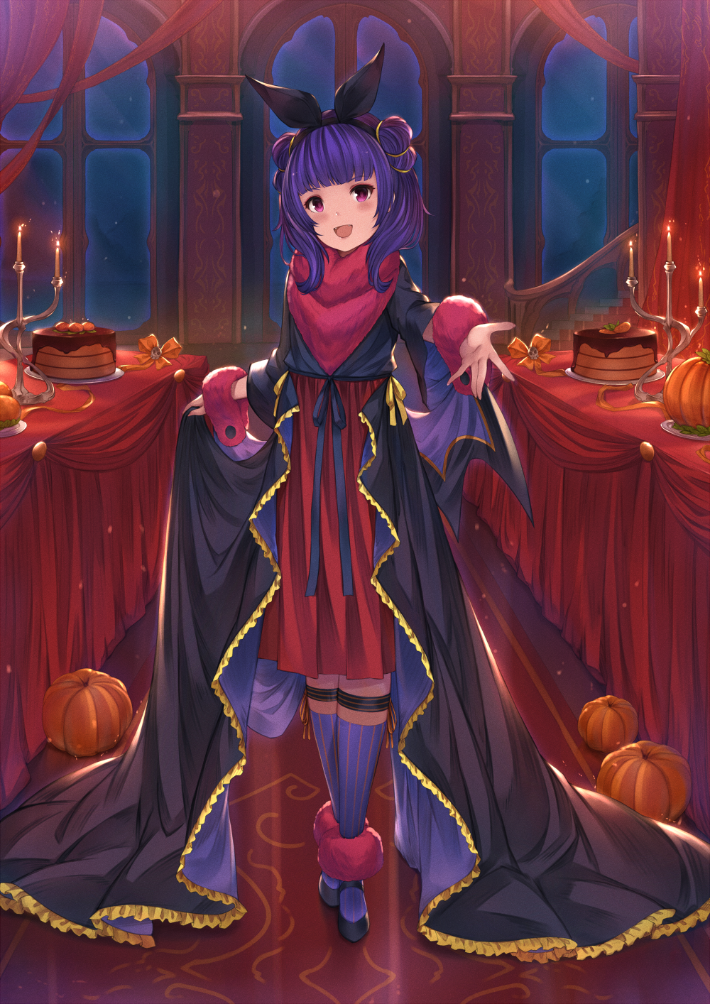 1girl :d bangs black_footwear black_hairband black_ribbon blunt_bangs blush burning candle candlestand commentary_request eyebrows_visible_through_hair fang fire fire_emblem fire_emblem:_seima_no_kouseki food frills hair_ribbon hairband head_tilt high-waist_skirt highres indoors kneehighs long_hair myrrh night night_sky nintendo open_mouth outstretched_arms pak_ce pumpkin purple_hair purple_legwear red_skirt ribbon see-through shoes skirt sky smile solo standing striped striped_legwear table vertical-striped_legwear vertical_stripes violet_eyes window wrist_cuffs