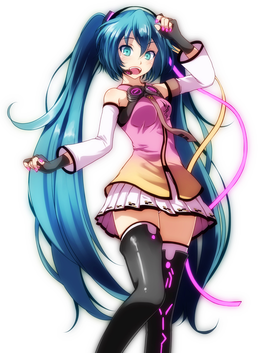 1girl :d black_footwear black_gloves black_hairband blue_eyes blue_hair boots brown_neckwear detached_sleeves eyebrows_visible_through_hair fingerless_gloves gloves hair_between_eyes hairband hatsune_miku headset highres long_hair long_sleeves microphone miniskirt nail_polish open_mouth panties panty_peek pink_nails pleated_skirt simple_background skirt smile solo standing thigh-highs thigh_boots tsukishiro_saika twintails underwear very_long_hair vocaloid white_background white_legwear white_skirt white_sleeves