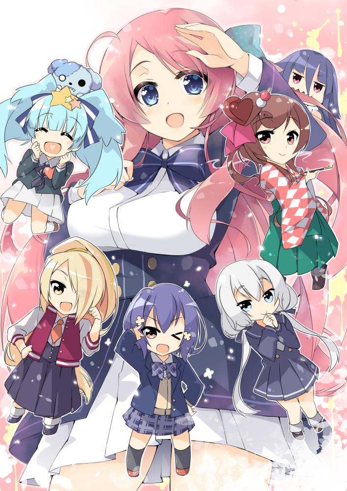 &gt;_o 6+girls :d ;d ^_^ animal argyle argyle_kimono arm_up biting_hair black_dress black_legwear black_sailor_collar black_skirt blazer blonde_hair blue_bow blue_eyes blue_hair blush bobby_socks bow breasts brown_eyes brown_footwear brown_hair chibi closed_eyes closed_eyes closed_mouth collared_shirt dog dress green_hakama green_jacket hair_over_one_eye hair_ribbon hakama head_tilt heart high-waist_skirt holding holding_pipe hoshikawa_lily jacket japanese_clothes kimono kiseru kneehighs konno_junko letterman_jacket long_hair long_sleeves looking_at_viewer low_twintails medium_breasts minamoto_sakura mizuno_ai multicolored_hair multiple_girls necktie nikaidou_saki one_eye_closed open_clothes open_jacket open_mouth orange_neckwear pink_hair pink_ribbon pipe plaid plaid_skirt pleated_dress pleated_skirt purple_hair purple_skirt red_eyes red_jacket ribbon romero_(zombie_land_saga) sailor_collar sailor_dress sasakura shirt silver_hair skirt smile socks streaked_hair twintails underbust v_over_eye very_long_hair white_legwear white_shirt white_skirt yamada_tae yuugiri_(zombie_land_saga) zombie_land_saga