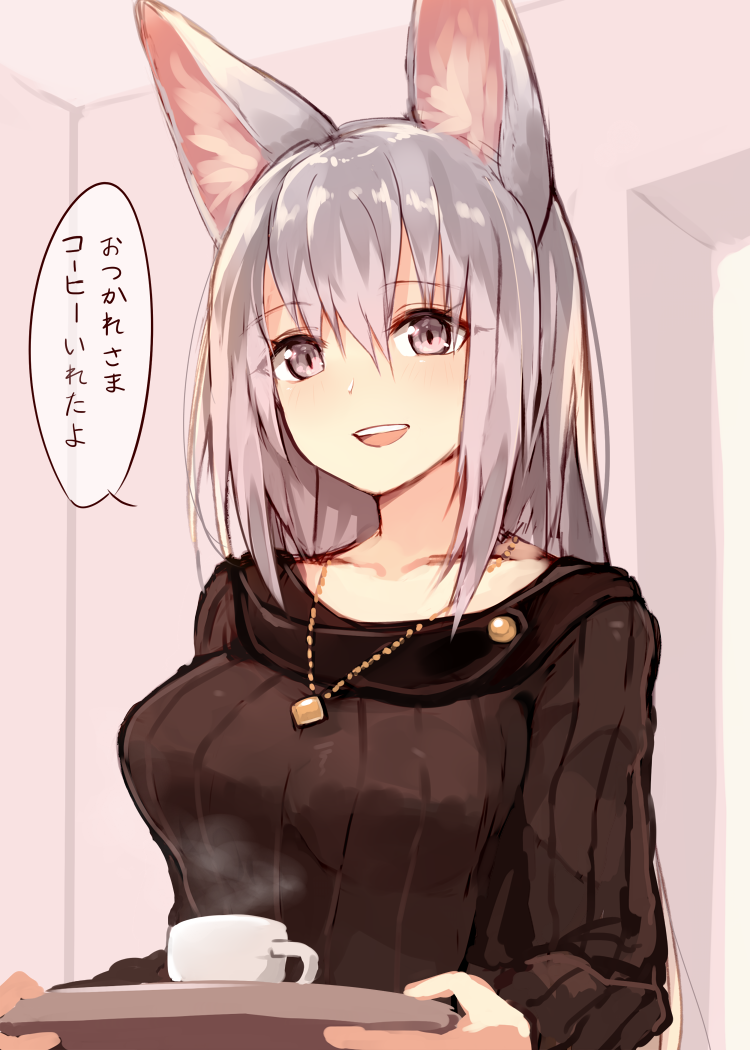 1girl :d animal_ears breasts brown_sweater cup eyebrows_visible_through_hair fox_ears fox_girl grey_hair hair_between_eyes holding indoors jewelry large_breasts long_hair looking_at_viewer necklace open_mouth original ribbed_sweater smile solo steam sukemyon sweater teacup translated tray upper_body violet_eyes