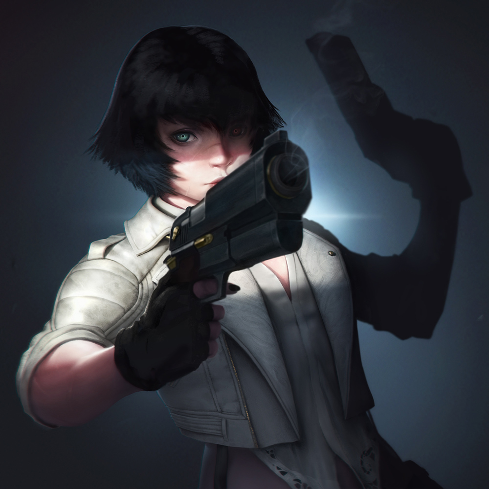 1girl alexander_terentyev black_hair blue_eyes breasts commentary_request devil_may_cry devil_may_cry_5 gloves gun heterochromia lady_(devil_may_cry) red_eyes short_hair smoke smoking_gun solo thigh_strap weapon