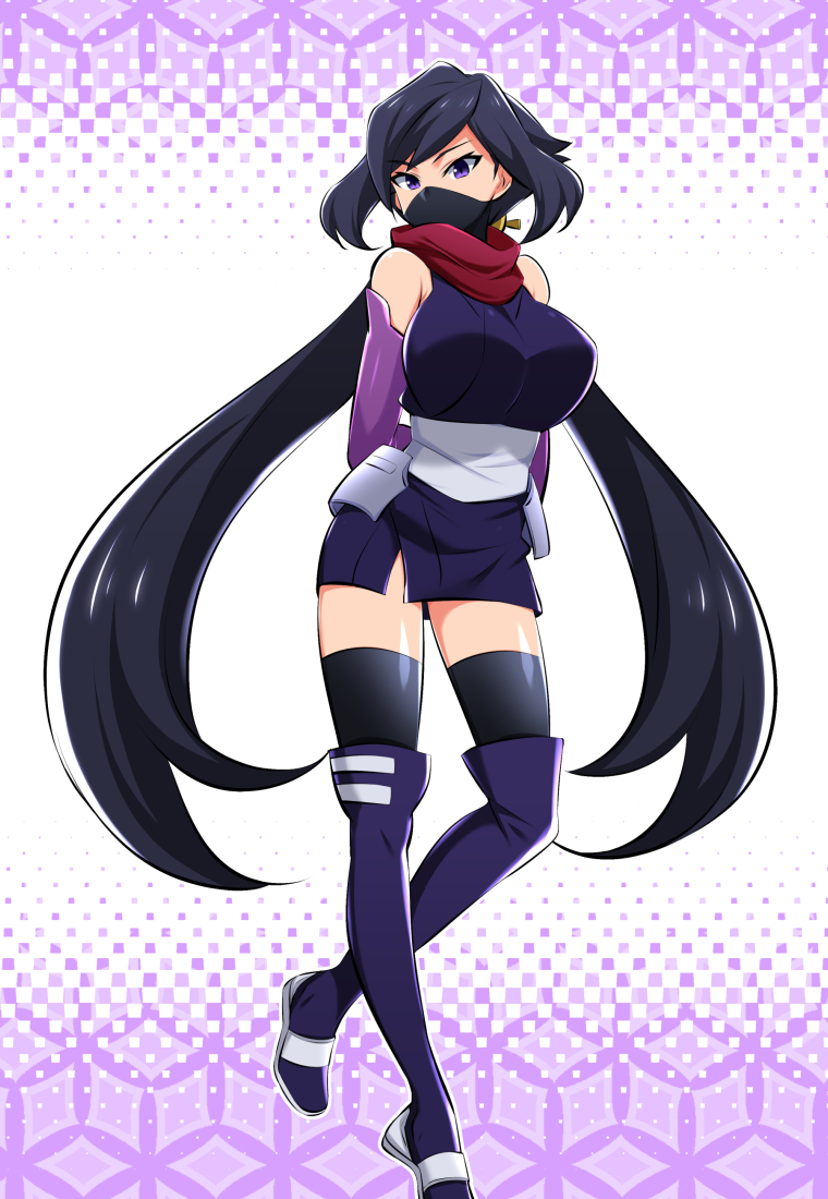 1girl arms_behind_back ayame_(gundam_build_divers) bangs bare_shoulders black_hair black_kimono black_legwear boots breasts crossed_arms elbow_gloves eyebrows_visible_through_hair face_mask gabayo gloves gundam gundam_build_divers japanese_clothes kimono large_breasts long_hair looking_at_viewer low_ponytail low_twintails mask ninja ninja_mask purple_footwear purple_gloves red_scarf scarf short_kimono solo swept_bangs thigh-highs thigh_boots twintails very_long_hair violet_eyes zettai_ryouiki